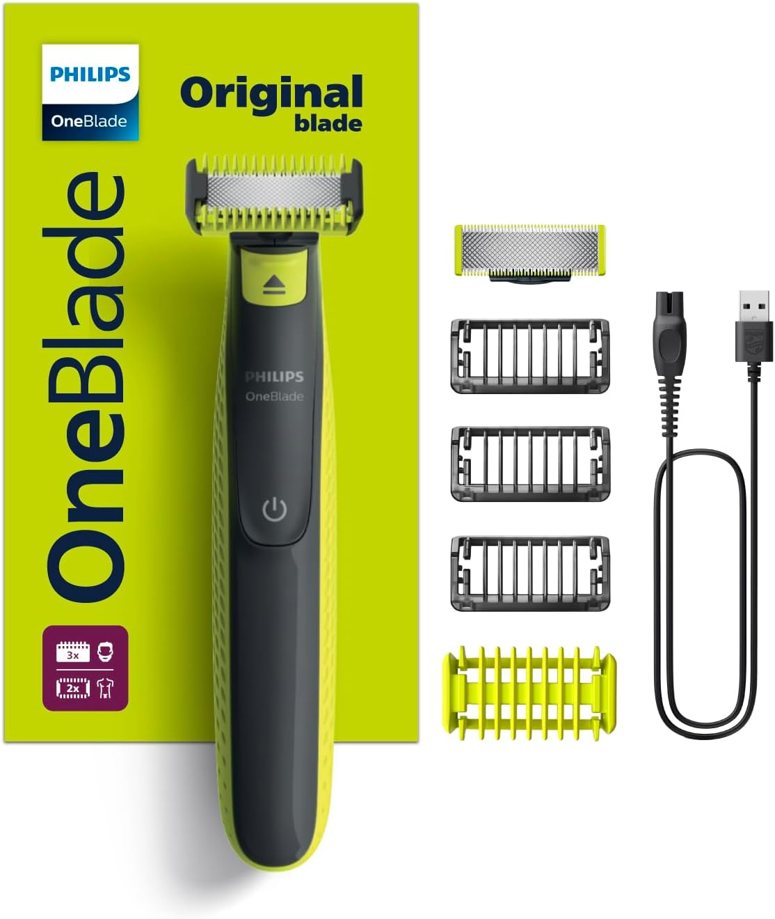 Philips OneBlade Yüz ve Vücut için Hibrit Tıraş Makinesi,Sakal Şekillendirici, Islak/Kuru Kullanım, 3 Kirli Sakal Tarağı, 1 Yedek Bıçak, Vücut Tarağı, Cilt Koruması, Çift Taraflı Bıçak, QP2824/10